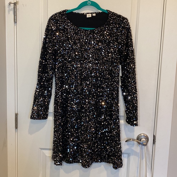 2/$30 NWT GAP Long Sleeve Black & Silver Sequin Dress small petite - Picture 2 of 5